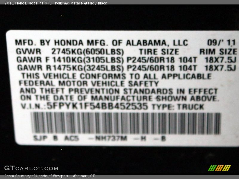 2011 Ridgeline RTL Polished Metal Metallic Color Code NH737M