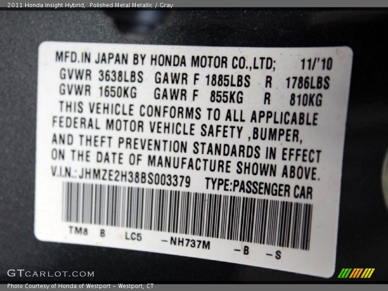 Polished Metal Metallic / Gray 2011 Honda Insight Hybrid