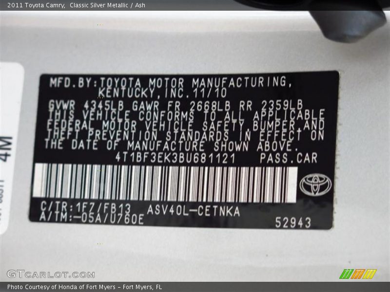 Classic Silver Metallic / Ash 2011 Toyota Camry