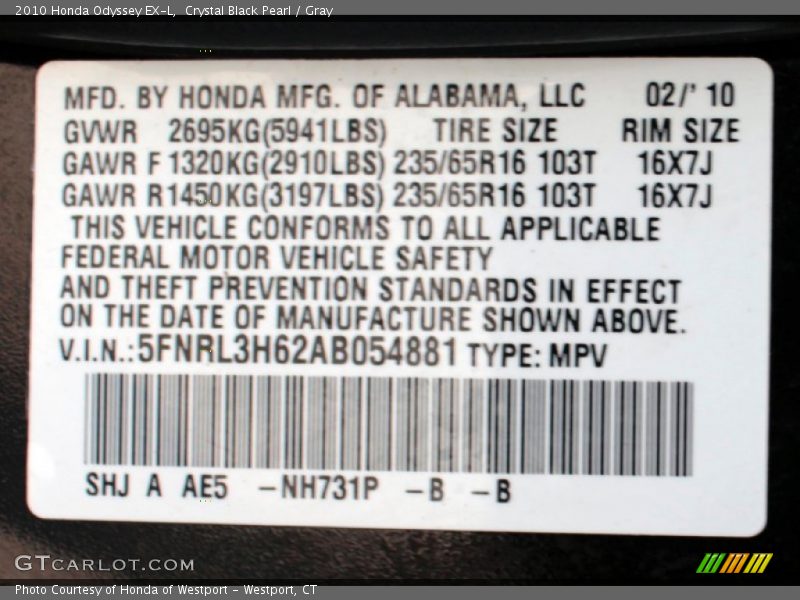 Crystal Black Pearl / Gray 2010 Honda Odyssey EX-L