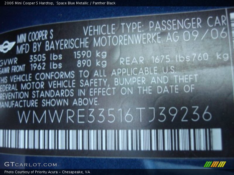 Info Tag of 2006 Cooper S Hardtop