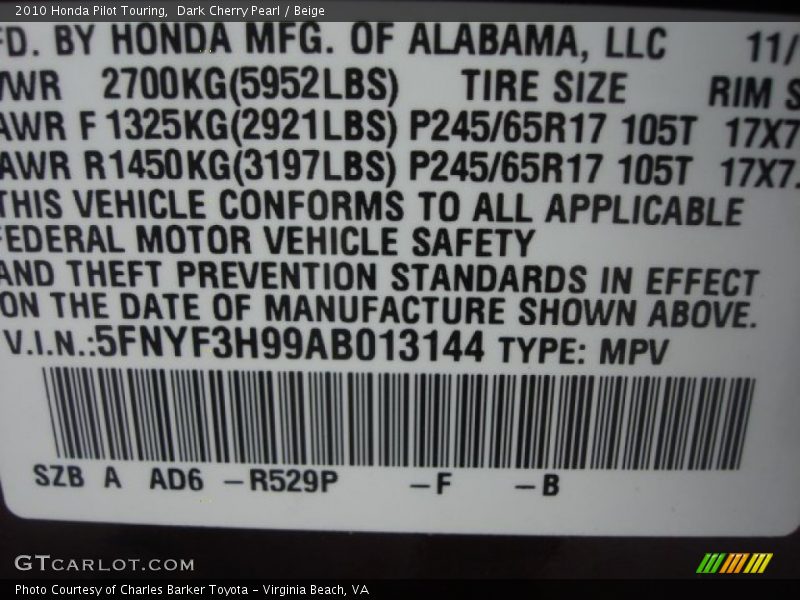 R529P - 2010 Honda Pilot Touring