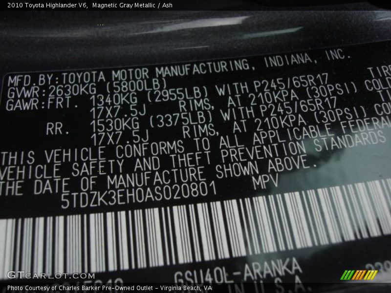 Magnetic Gray Metallic / Ash 2010 Toyota Highlander V6