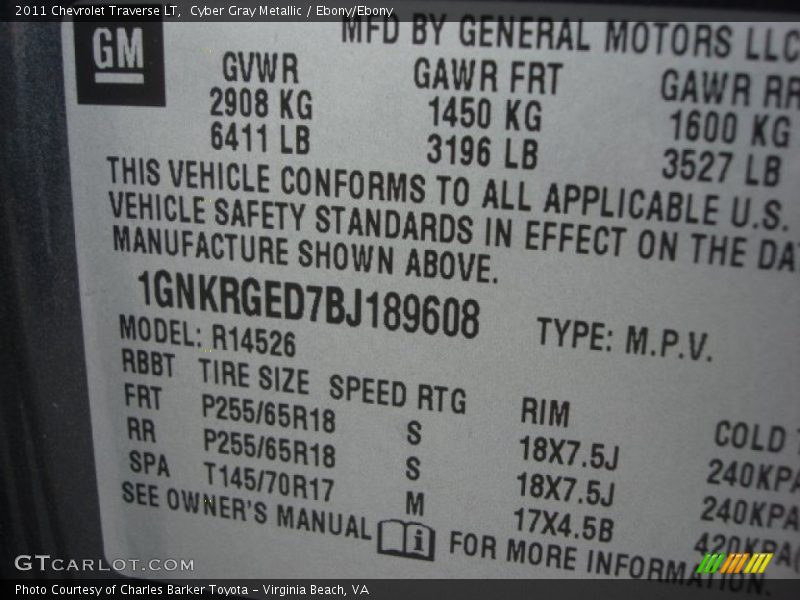 Cyber Gray Metallic / Ebony/Ebony 2011 Chevrolet Traverse LT