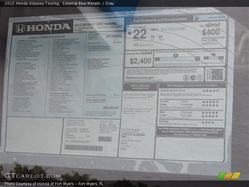 Celestial Blue Metallic / Gray 2013 Honda Odyssey Touring