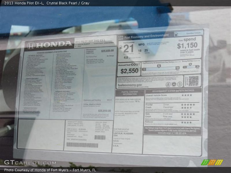  2013 Pilot EX-L Window Sticker