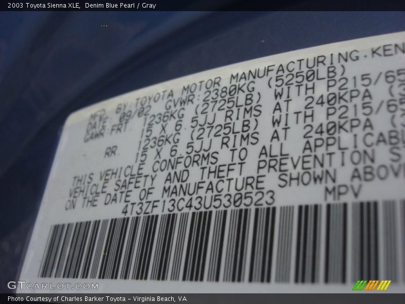 Denim Blue Pearl / Gray 2003 Toyota Sienna XLE