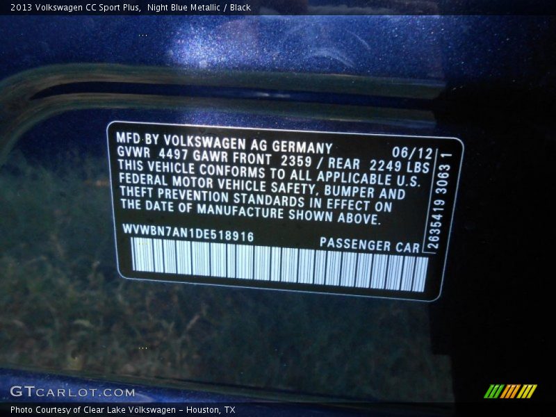 Info Tag of 2013 CC Sport Plus