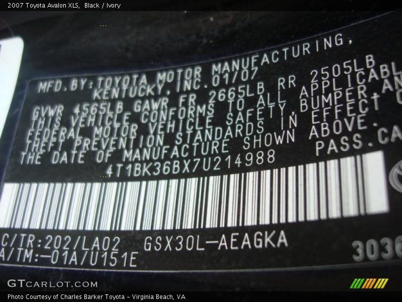 2007 Avalon XLS Black Color Code 202