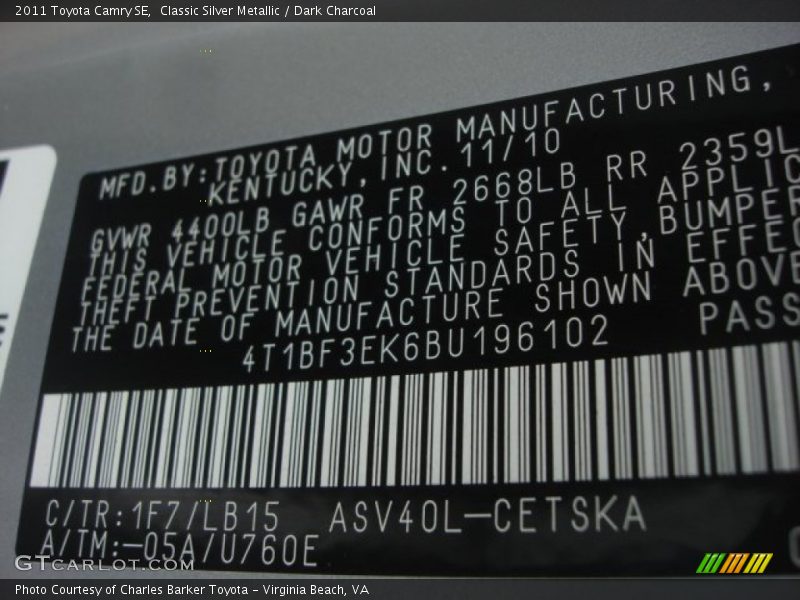 Classic Silver Metallic / Dark Charcoal 2011 Toyota Camry SE