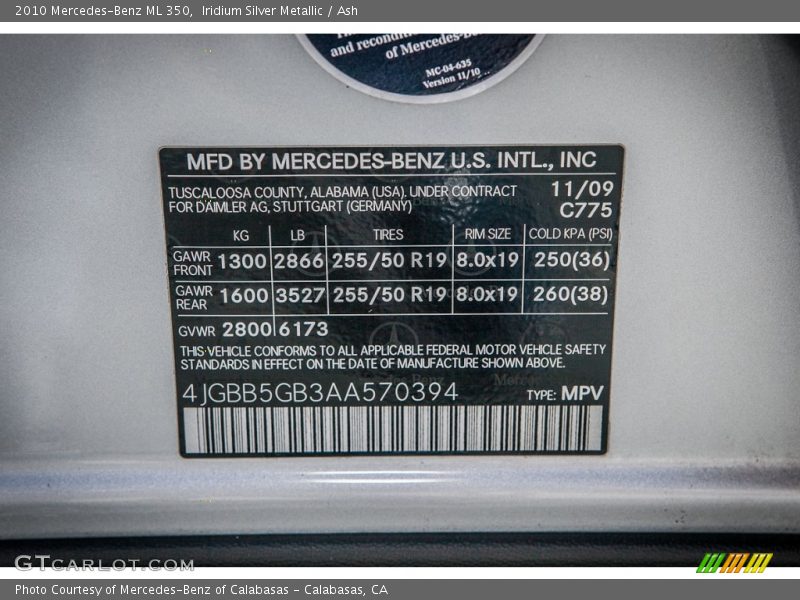 Iridium Silver Metallic / Ash 2010 Mercedes-Benz ML 350