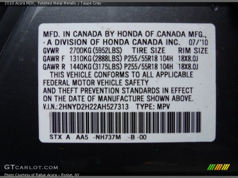 2010 MDX  Polished Metal Metallic Color Code NH737M