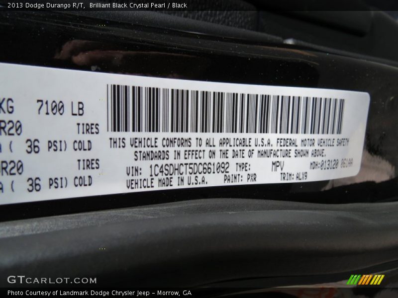 2013 Durango R/T Brilliant Black Crystal Pearl Color Code PXR