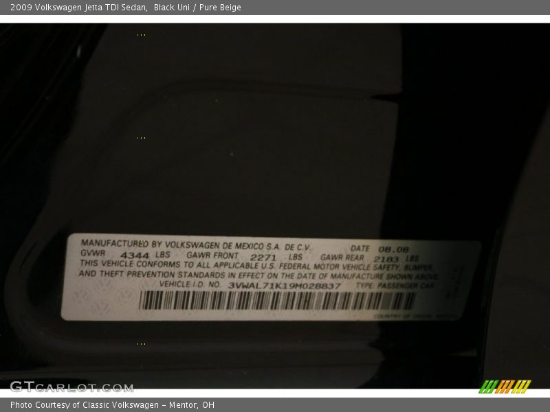 Black Uni / Pure Beige 2009 Volkswagen Jetta TDI Sedan