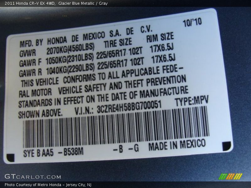 Glacier Blue Metallic / Gray 2011 Honda CR-V EX 4WD