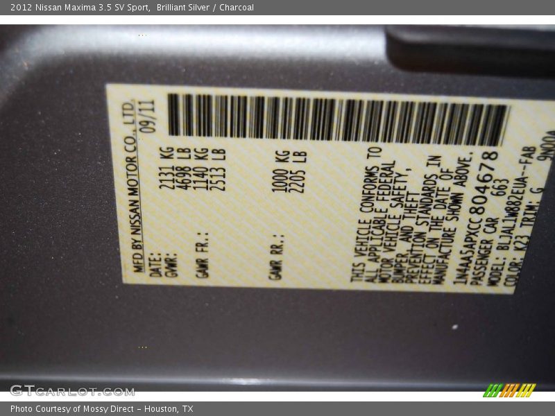 Brilliant Silver / Charcoal 2012 Nissan Maxima 3.5 SV Sport