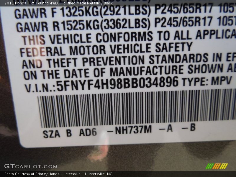 Polished Metal Metallic / Black 2011 Honda Pilot Touring 4WD