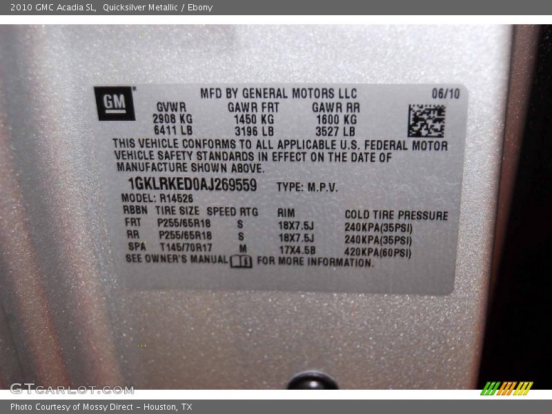 Quicksilver Metallic / Ebony 2010 GMC Acadia SL