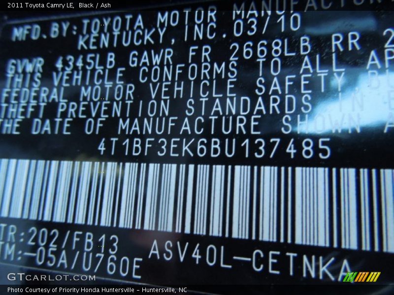 Black / Ash 2011 Toyota Camry LE