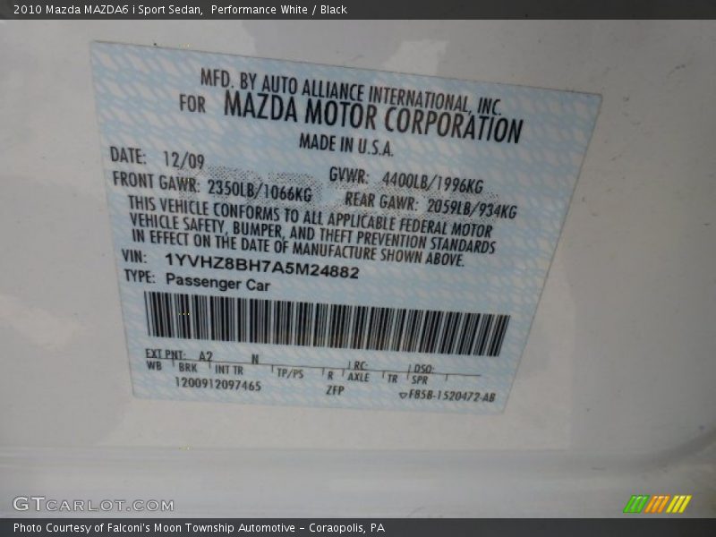 2010 MAZDA6 i Sport Sedan Performance White Color Code A2