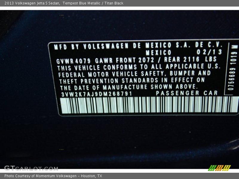 Tempest Blue Metallic / Titan Black 2013 Volkswagen Jetta S Sedan