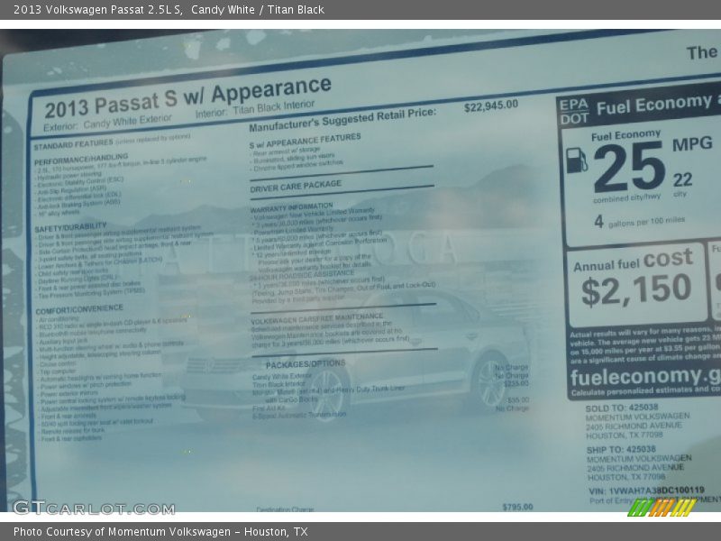  2013 Passat 2.5L S Window Sticker
