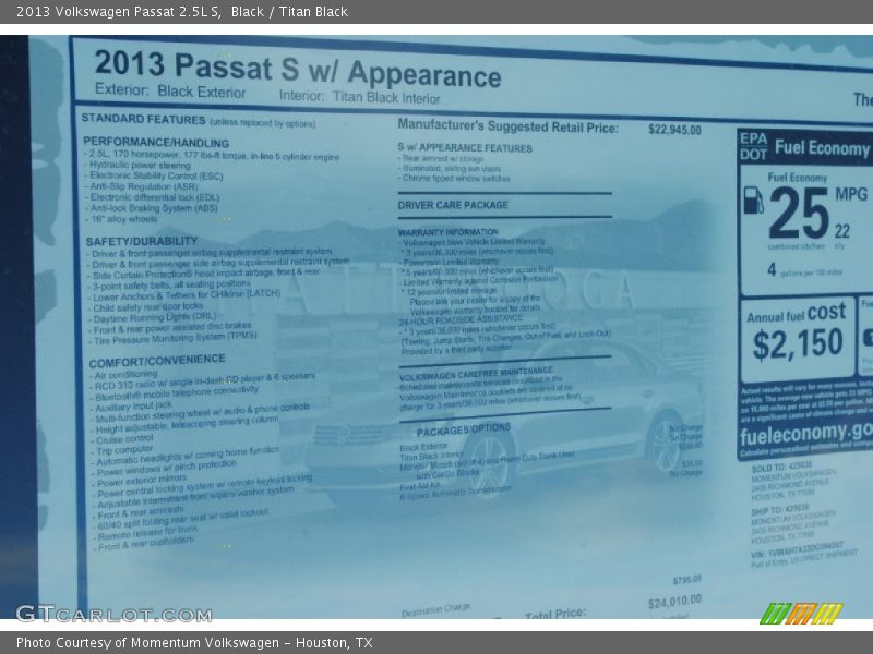Black / Titan Black 2013 Volkswagen Passat 2.5L S