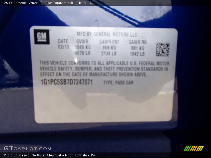 Blue Topaz Metallic / Jet Black 2013 Chevrolet Cruze LT