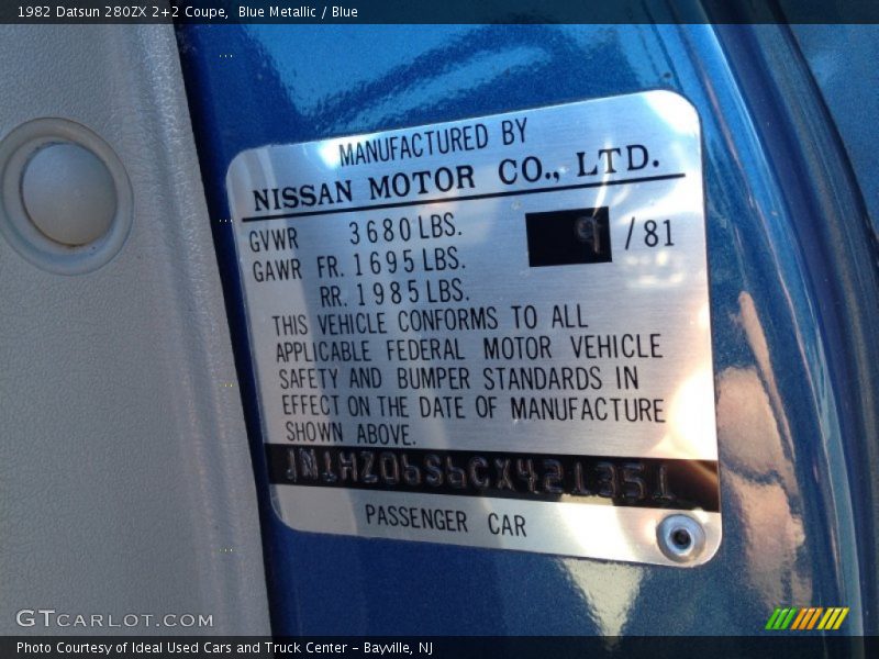 Info Tag of 1982 280ZX 2+2 Coupe