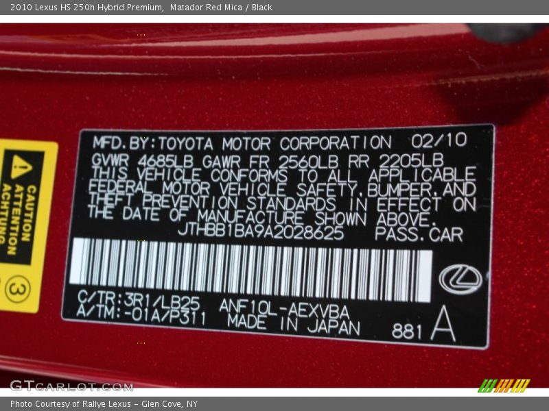 2010 HS 250h Hybrid Premium Matador Red Mica Color Code 3R1