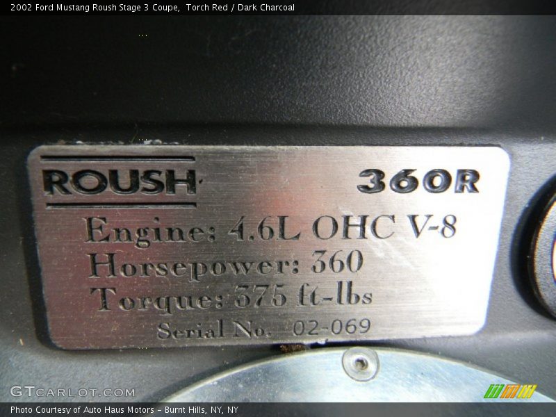 Info Tag of 2002 Mustang Roush Stage 3 Coupe