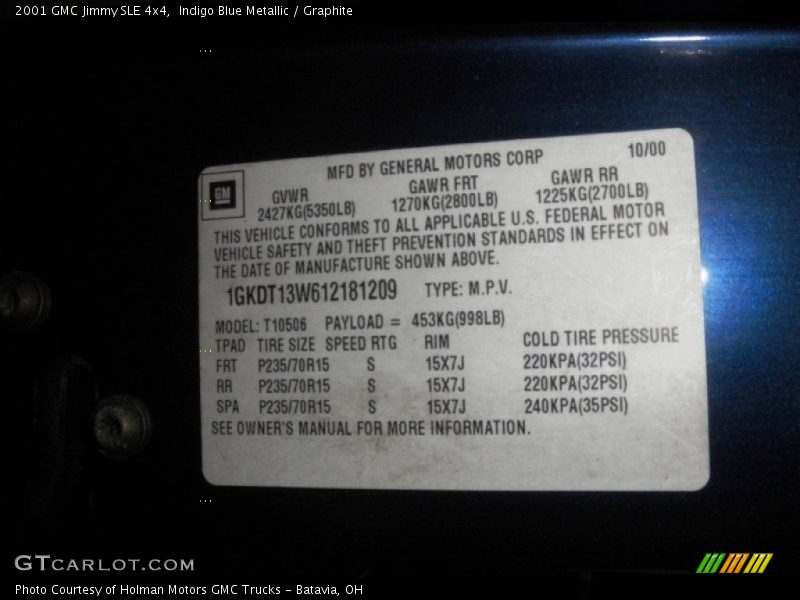 Indigo Blue Metallic / Graphite 2001 GMC Jimmy SLE 4x4