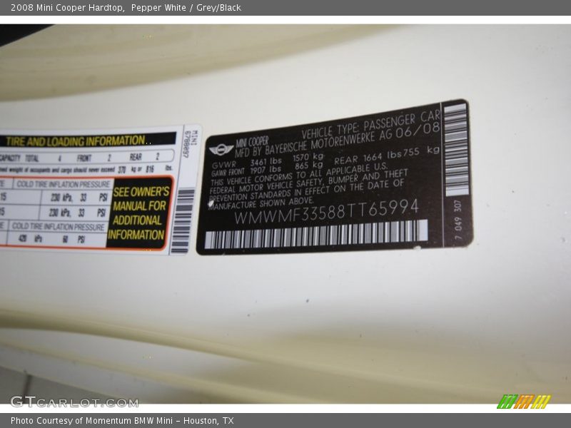 Pepper White / Grey/Black 2008 Mini Cooper Hardtop