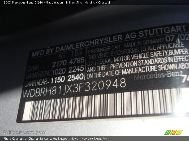 Brilliant Silver Metallic / Charcoal 2003 Mercedes-Benz C 240 4Matic Wagon