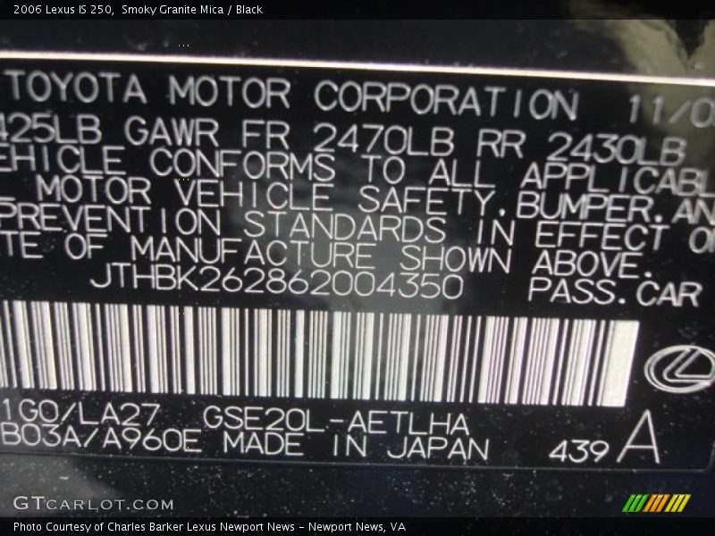 Smoky Granite Mica / Black 2006 Lexus IS 250