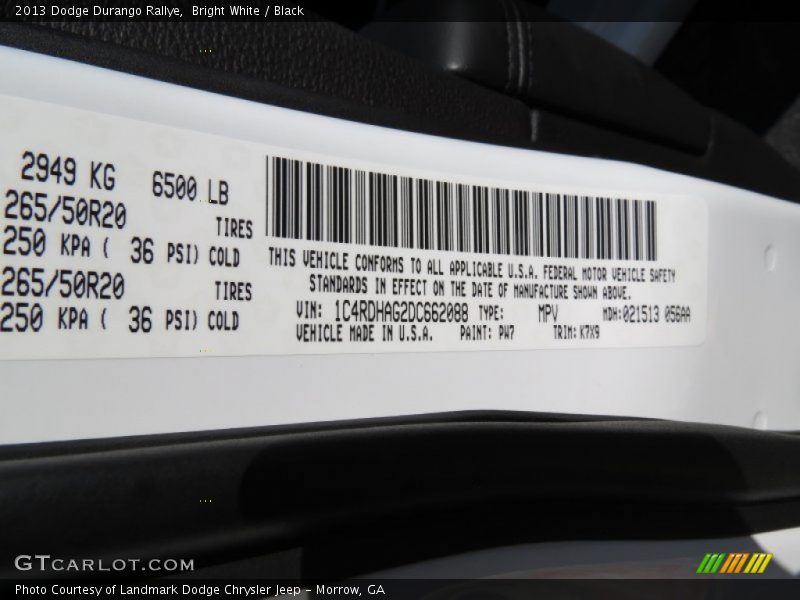 2013 Durango Rallye Bright White Color Code PW7