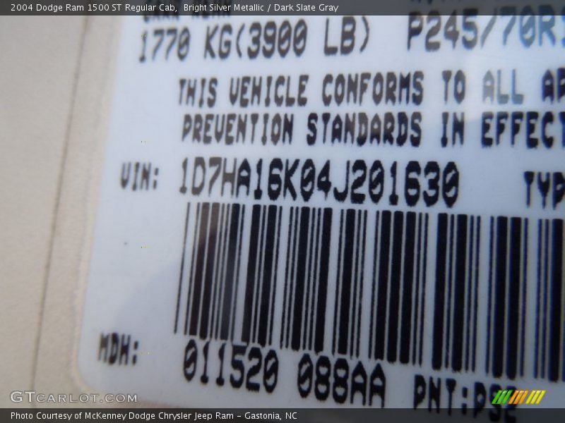 Bright Silver Metallic / Dark Slate Gray 2004 Dodge Ram 1500 ST Regular Cab
