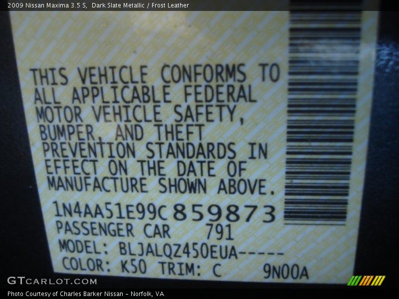 2009 Maxima 3.5 S Dark Slate Metallic Color Code K50