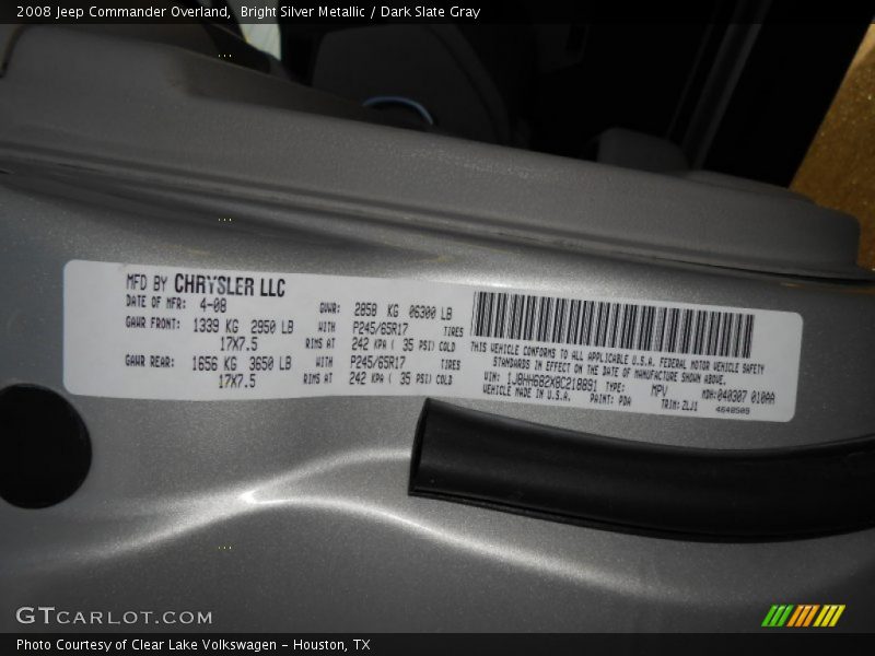 Bright Silver Metallic / Dark Slate Gray 2008 Jeep Commander Overland