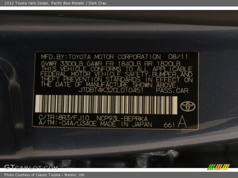 2012 Yaris Sedan Pacific Blue Metallic Color Code 8R3