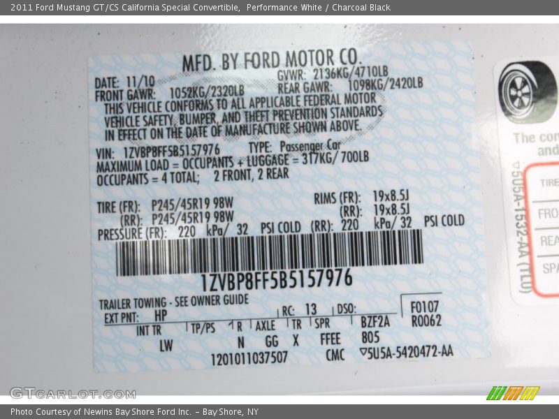 2011 Mustang GT/CS California Special Convertible Performance White Color Code HP