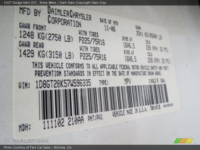 2007 Nitro SXT Stone White Color Code PW1
