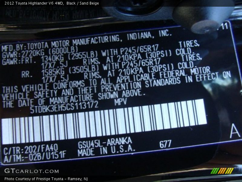 Black / Sand Beige 2012 Toyota Highlander V6 4WD