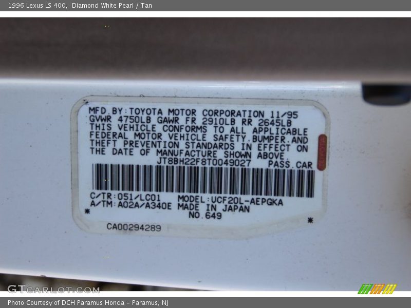 1996 LS 400 Diamond White Pearl Color Code 051