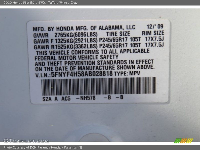 Taffeta White / Gray 2010 Honda Pilot EX-L 4WD