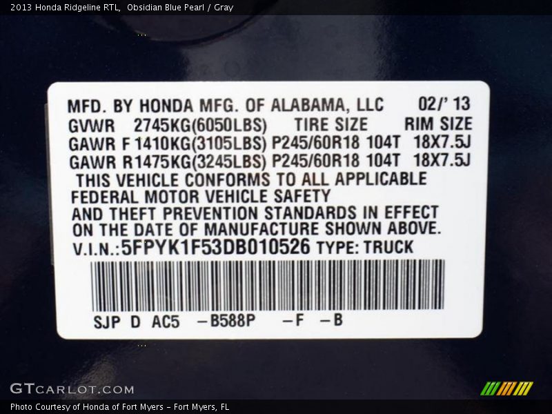 Obsidian Blue Pearl / Gray 2013 Honda Ridgeline RTL