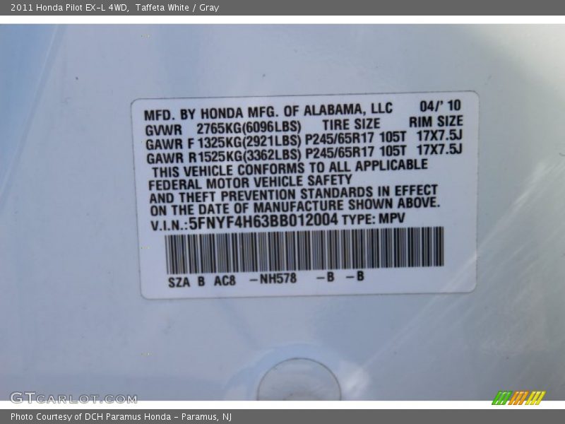 Taffeta White / Gray 2011 Honda Pilot EX-L 4WD