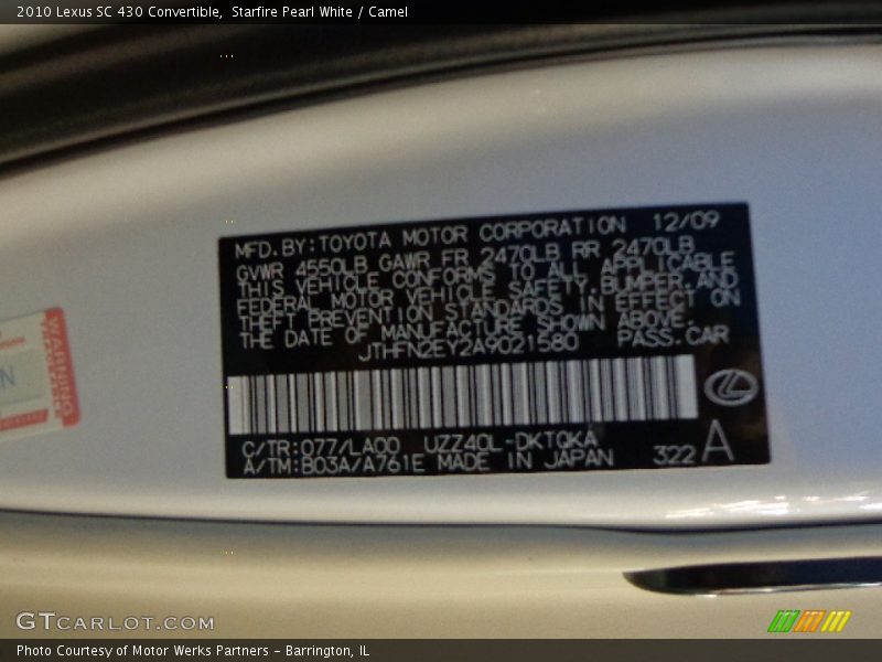 Starfire Pearl White / Camel 2010 Lexus SC 430 Convertible