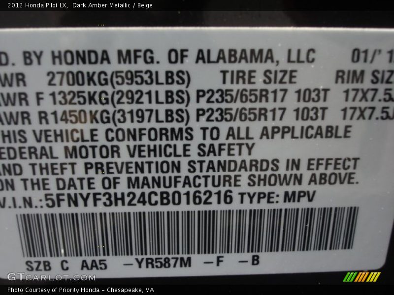 Dark Amber Metallic / Beige 2012 Honda Pilot LX