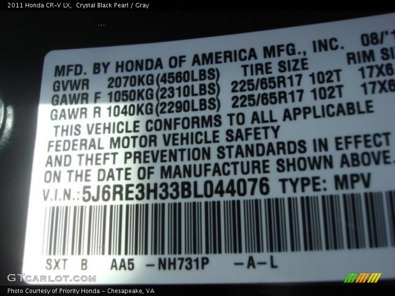 Crystal Black Pearl / Gray 2011 Honda CR-V LX